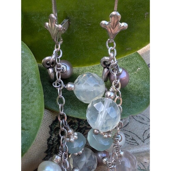 Vintage Sterling Rose Quartz Pearl Earrings, Silver Gemstone Dangle Earrings - Picture 3 of 10